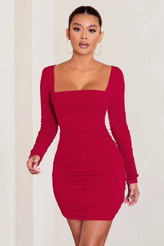 Women's mini dress sew pop -Muse | Red Long Sleeve Square Neck Ruched Mini Dress