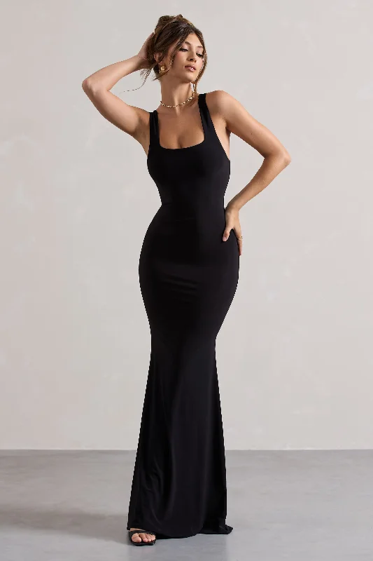 ladies-maxi-dress-long-sleeve-luxe-Mahina | Black Square-Neck Maxi Dress