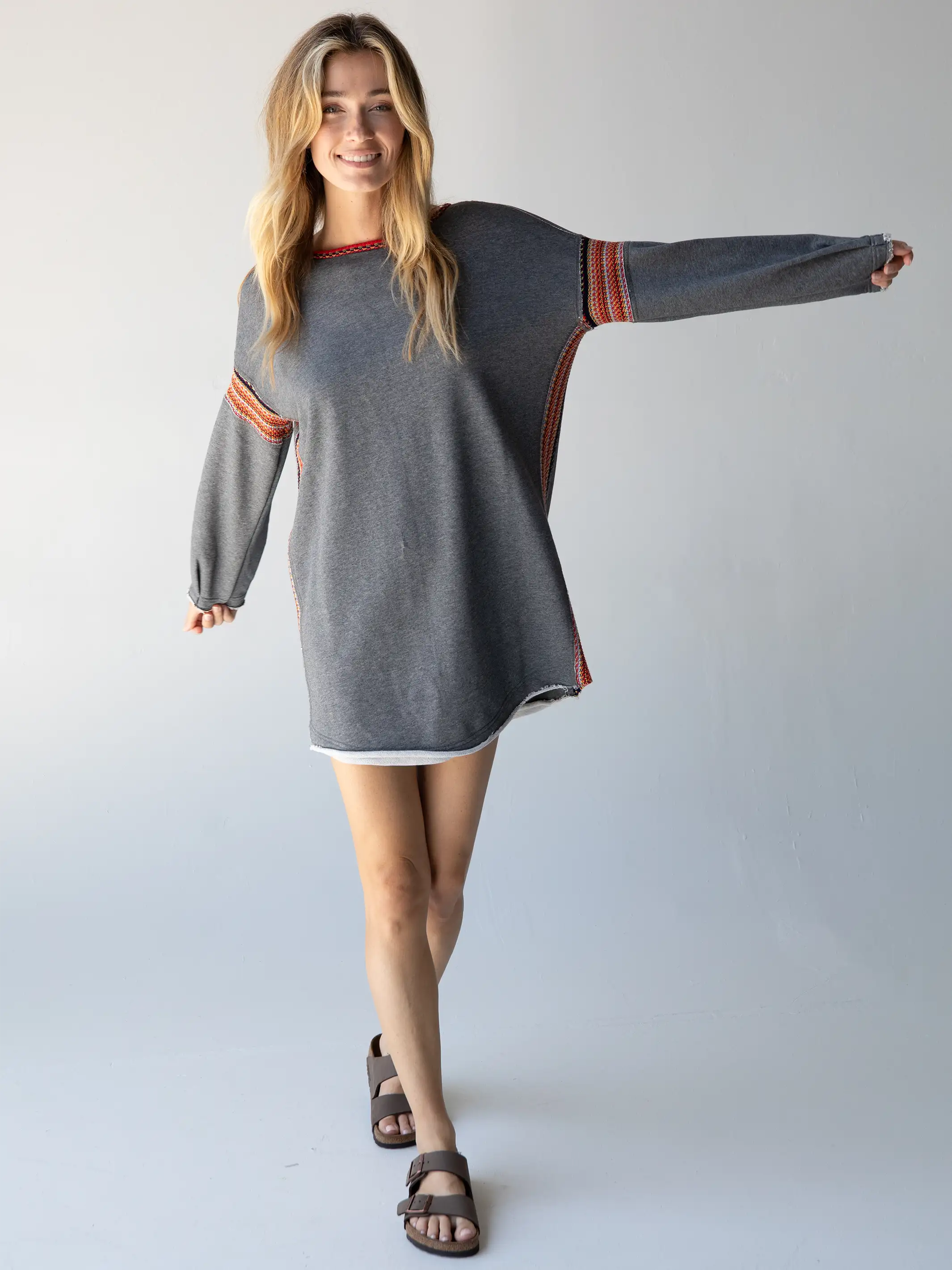 Women's shirt dress retro chic -Reversible Trim Sweatshirt Dress - Heather Grey