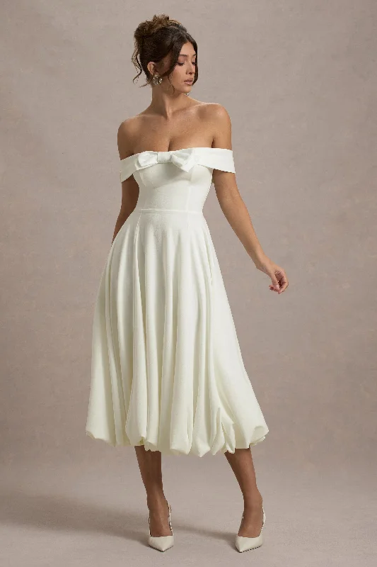 ladies-midi-dress-photo-prance-Calliopia | Cream Bow Bardot Midi Dress With Puff-Ball Skirt