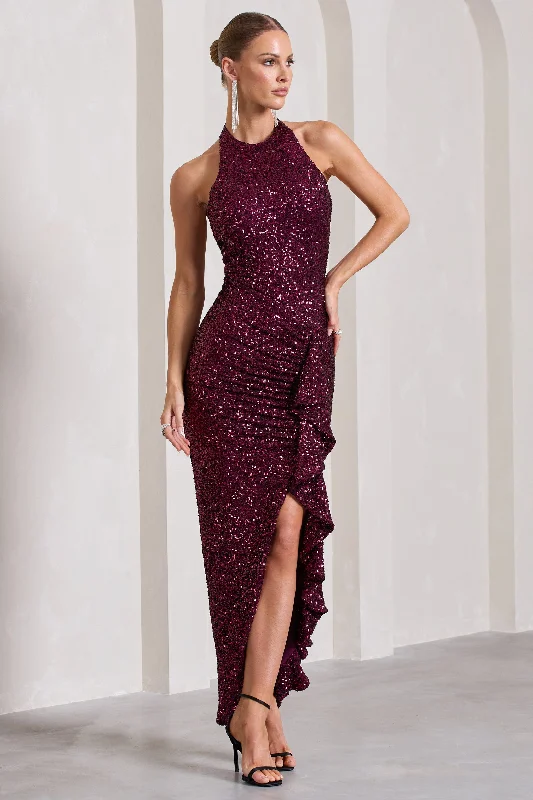 ladies-maxi-dress-formal-finesse-Under The Stars | Plum Sequin High-Neck Open-Back Maxi Dress With Drape