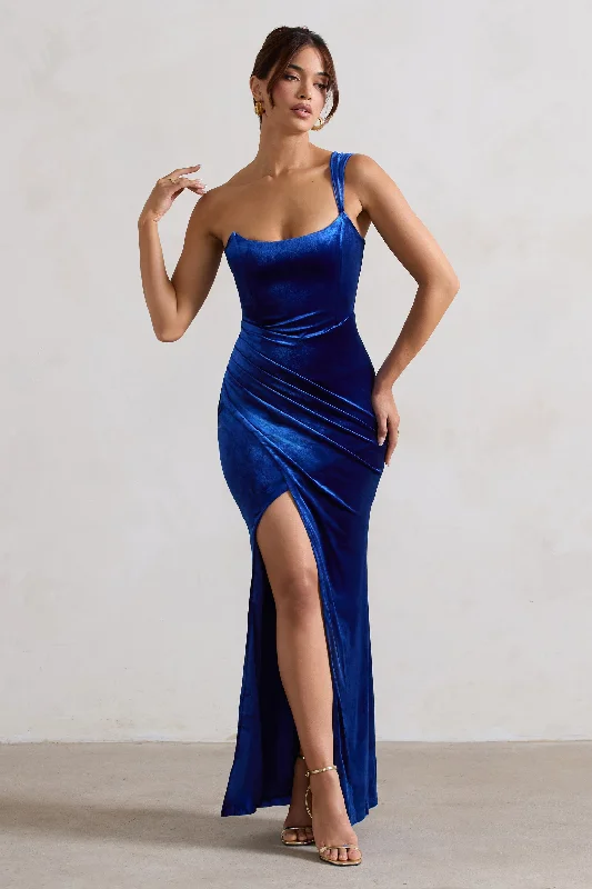 ladies-maxi-dress-animal-accent-Jessica | Cobalt Velvet One Shoulder Corset Style Wrap Maxi Dress