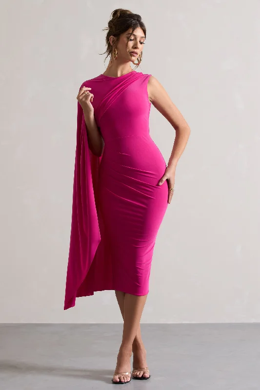 ladies-midi-dress-cut-out-charm-Reveal | Dark Pink One-Sleeve Cape Midi Dress