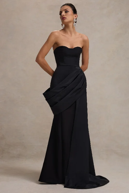 ladies-maxi-dress-maternity-majesty-Fallen | Black Strapless Corset Maxi Dress With Drape