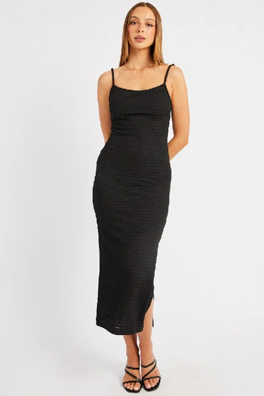 ladies-bodycon-dress-olive-oomph-Black Bodycon Dress Singlet Textured Midi