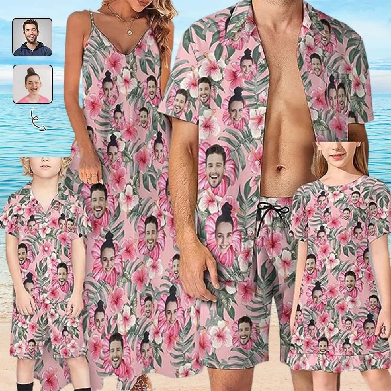 Women's shirt dress mid glow -Family Hawaiian Dress Set Cruise Outfit Custom Face Floral Pink Hawaiian Shirt Set&Dress