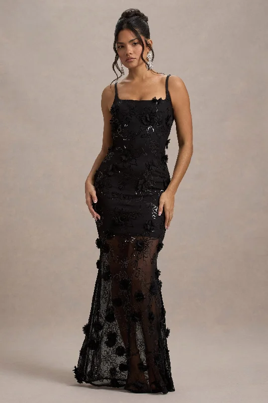 ladies-maxi-dress-tangerine-tide-All Of Me | Black Sequin Sheer Maxi Dress With Flowers