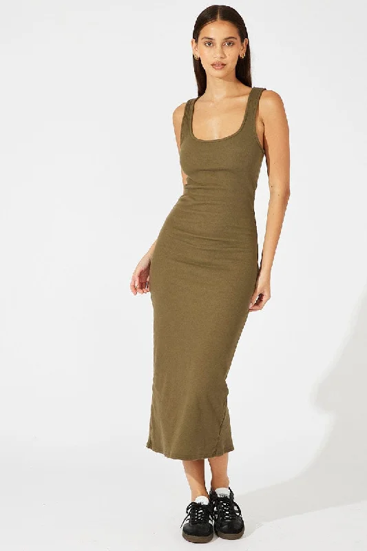 ladies-bodycon-dress-beige-bop-Green Midi Dress Sleeveless Bodycon Rib