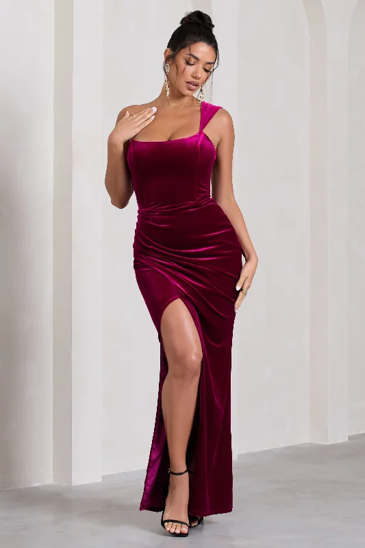 ladies-maxi-dress-bold-breeze-Jessica | Berry Velvet One Shoulder Corset Style Wrap Maxi Dress