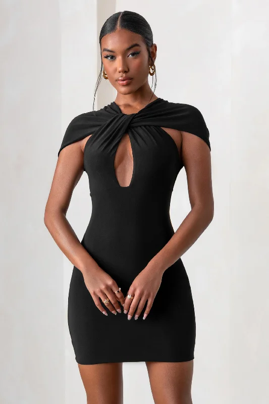 Women's mini dress tiny chic -Fashionista | Black Twist Front Mini Dress With Cut Out Detail