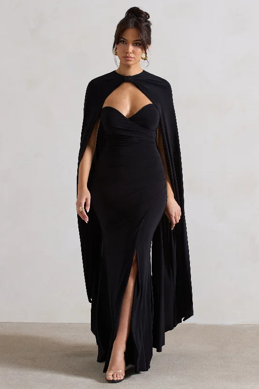 ladies-maxi-dress-custom-chic-Reign | Black Corset Wrap Maxi Dress With Cape