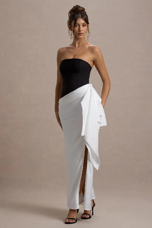 ladies-maxi-dress-opal-orchid-Kalinda | Black And White Strapless Maxi Dress With Draped Skirt