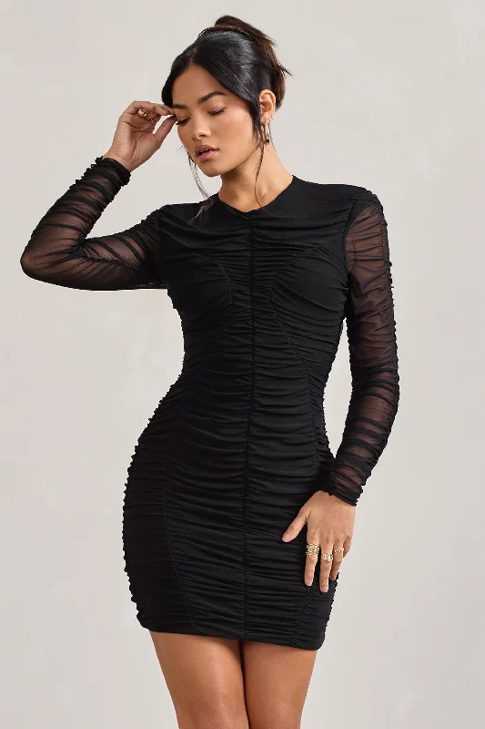 Women's mini dress posh chic -Euphoria | Black Ruched Long Sleeve Mini Dress