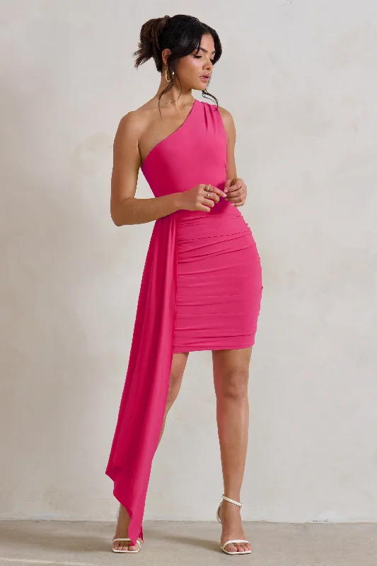 Women's mini dress arc chic -Charlie | Pink One Shoulder Ruched Mini Dress With Statement Drape