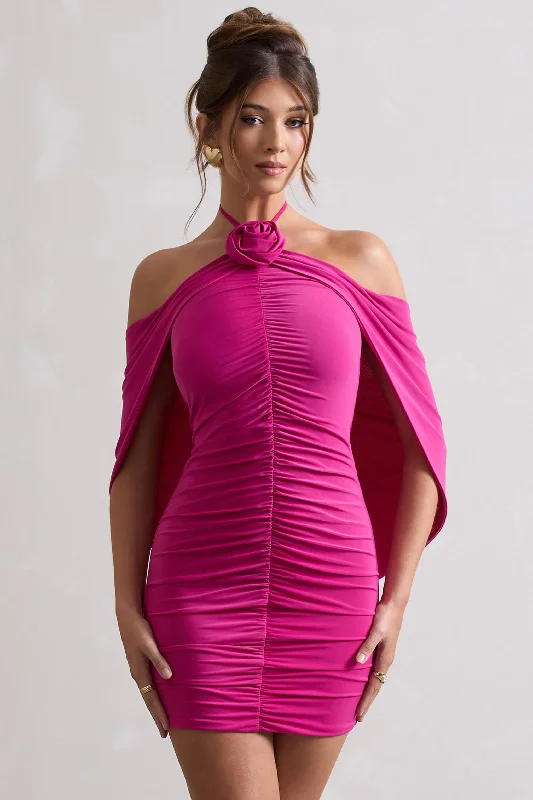 Women's mini dress warm pop -Adriana | Dark Pink Ruched Halter-Neck Draped Mini Dress With Corsage