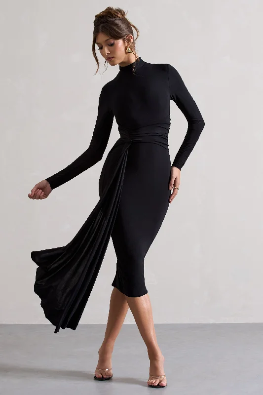 ladies-midi-dress-open-back-orchid-Nikita | Black High-Neck Midi Dress With Drape