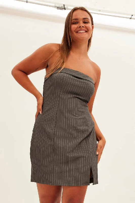 ladies-bodycon-dress-statement-slim-Grey Stripe Bodycon Dress Strapless