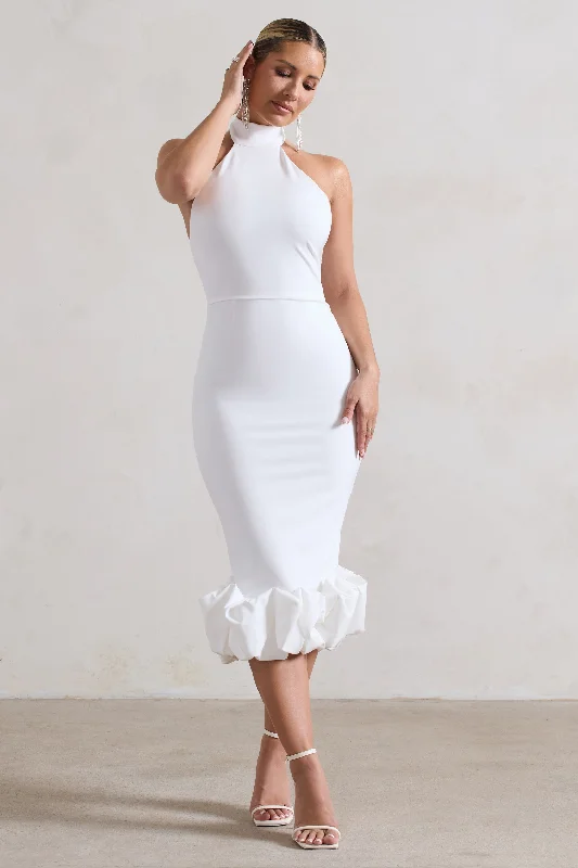 ladies-midi-dress-ecru-essence-Ashton | White High-Neck Midi Dress With Ruffle Hem