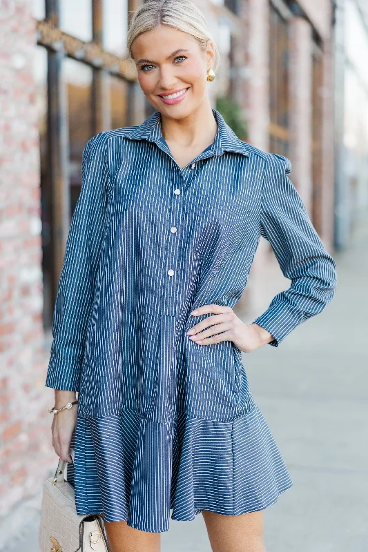 Women's shirt dress city pop -Share Your Story Navy Striped Shirt Dress