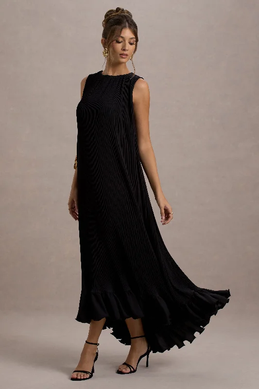 ladies-maxi-dress-weekend-whisper-Hazelle | Black Chiffon A-Line Ruffled Maxi Dress