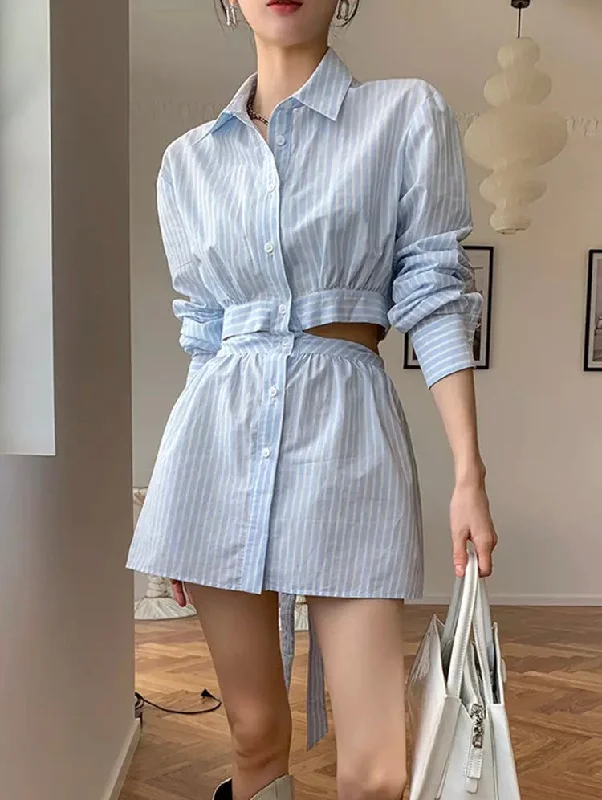 Women's shirt dress edge flair -Fashionella Striped Colorblock Cut Out Mini Shirt Dress