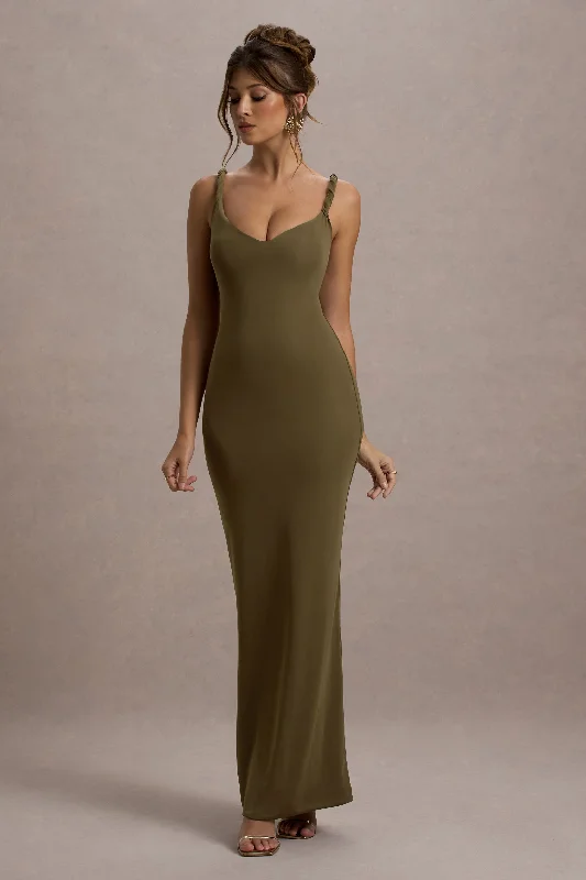 ladies-maxi-dress-berry-bloom-Twist Of Fate | Khaki Green Twist-Neck Maxi Dress