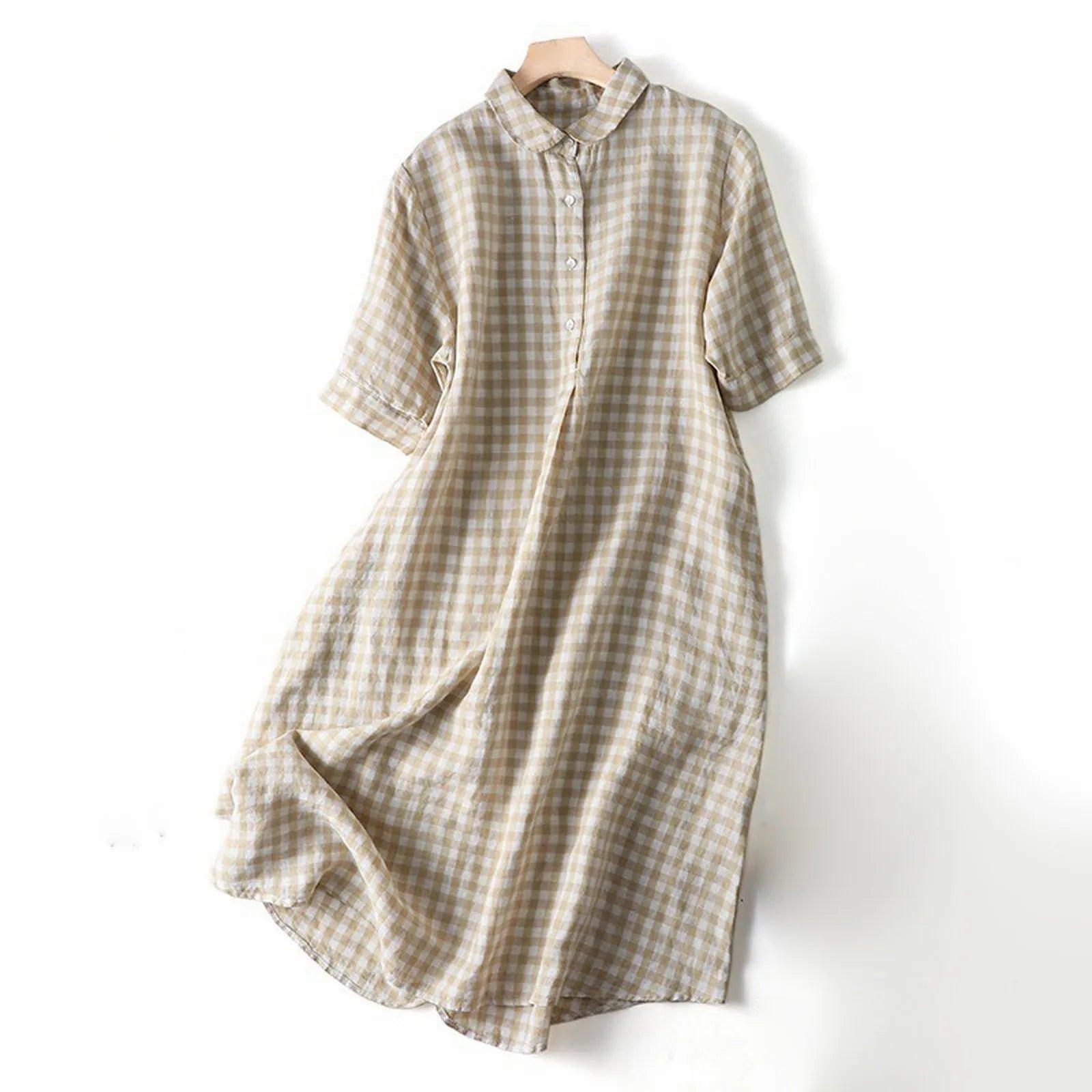 Women's shirt dress loose chic -Retro Cotton Linen Shirt Long Dresses Ladies Short Sleeve Oversized Shirt Dress Korean Fashion Loose Lapel Sundress Y2k Clothing