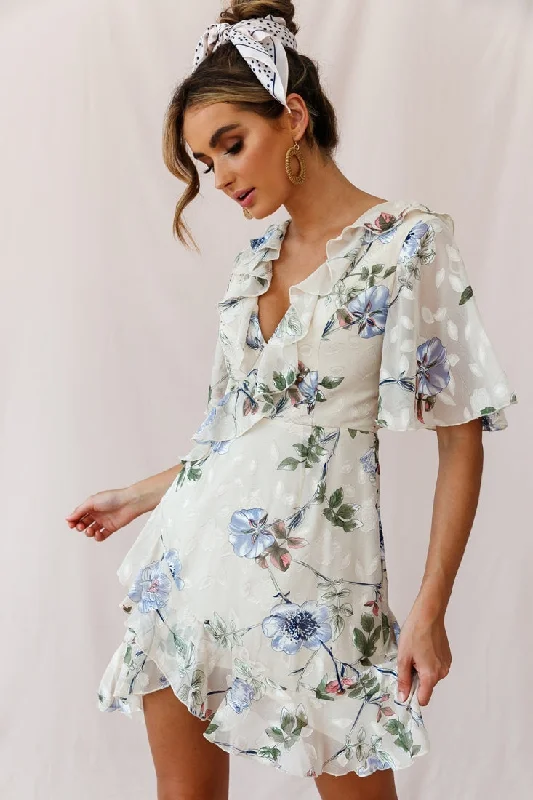 ladies-floral-dress-travel-thyme-June Angel Sleeve Ruffle Detail Dress Floral Print Beige