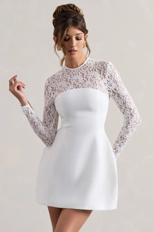 Women's mini dress sun glow -Birdie | White Lace Long-Sleeve Mini Dress