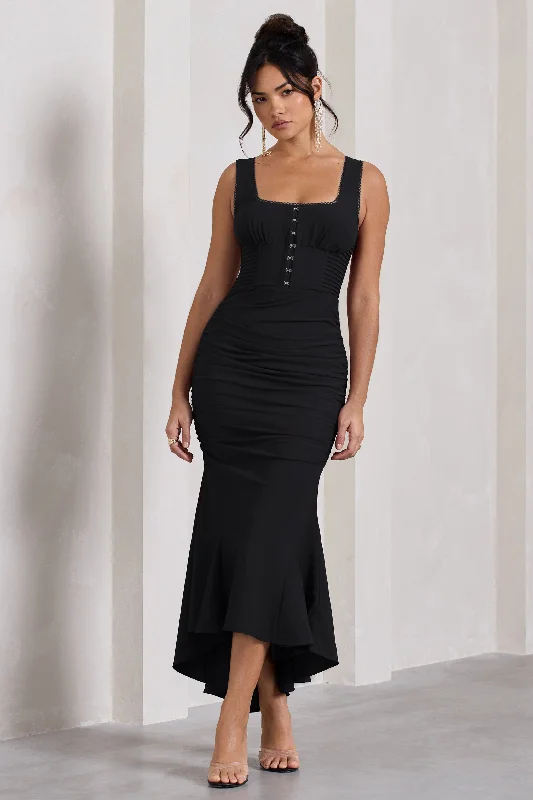 ladies-maxi-dress-swingy-sway-Savannah | Black Square-Neck Corset Fishtail Maxi Dress