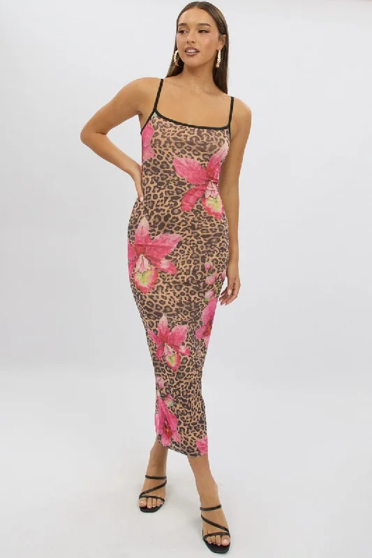 ladies-bodycon-dress-halter-hot-Multi Animal Print Bodycon Dress Maxi Mesh