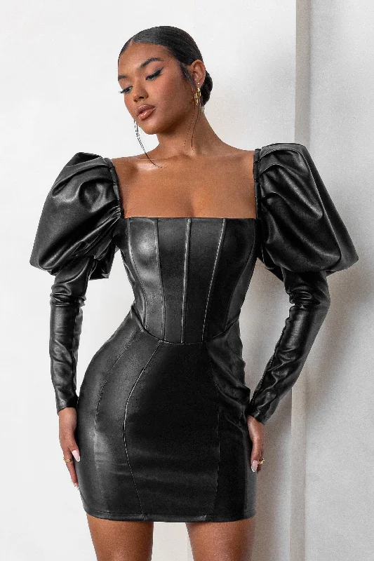 Women's mini dress bump flair -Karyme | Black Faux Leather Puff Sleeve Mini Dress With Corset Detail