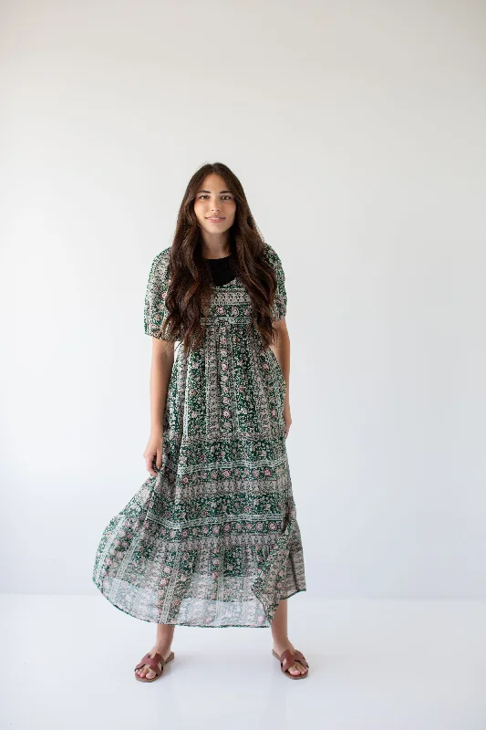 ladies-maxi-dress-designer-drape-'Medora' Oriental Garden Maxi Dress in Deep Green FINAL SALE