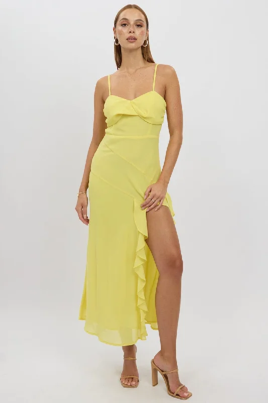 ladies-bodycon-dress-tie-dye-tight-Yellow Bodycon Dress Maxi Ruffle Slit Chiffon