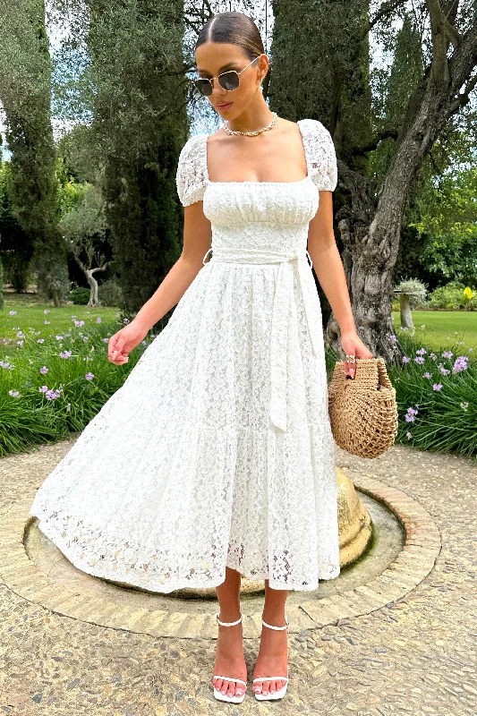 ladies-midi-dress-shift-simplicity-Corfu | White Lace Puff-Sleeve Belted Midi Dress