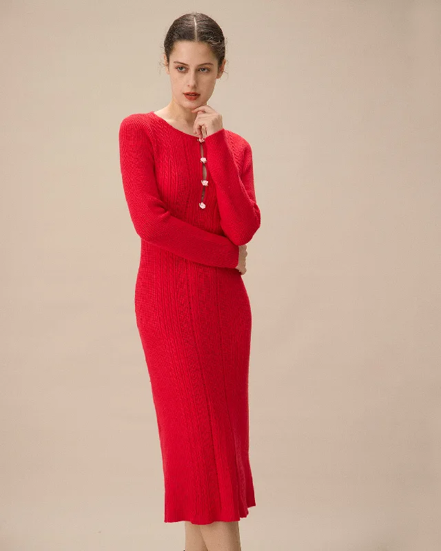 ladies-bodycon-dress-soft-sleek-Red Cut-Out Bodycon Sweater Dress