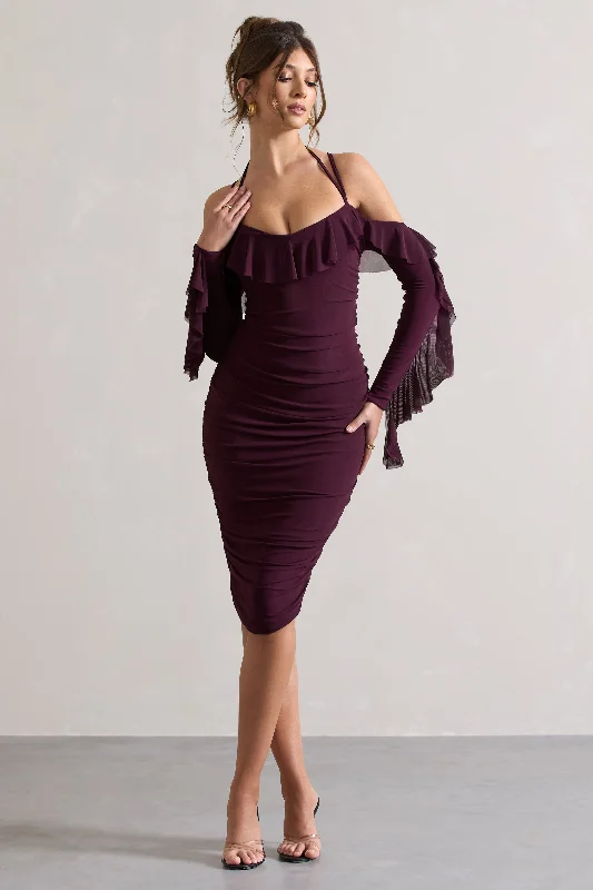 ladies-midi-dress-wine-whisper-Quinn | Dark Cherry Ruched Strappy Long-Sleeved Midi Dress With Ruffles