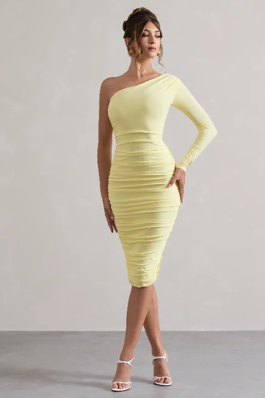 ladies-midi-dress-black-bliss-In The Shadows | Yellow One Sleeve Midi Dress With Ruching