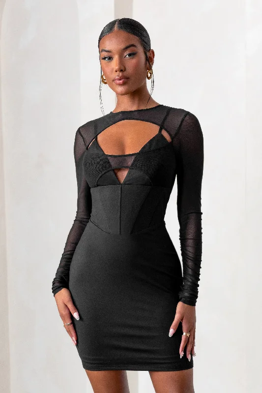 Women's mini dress clean pop -This Moment | Black High Neck Cut Out Mini Dress With Mesh Sleeves