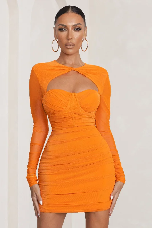 Women's mini dress zip flair -Daiquiri | Orange Cut Out Ruched Mesh Mini Dress With Long Sleeves