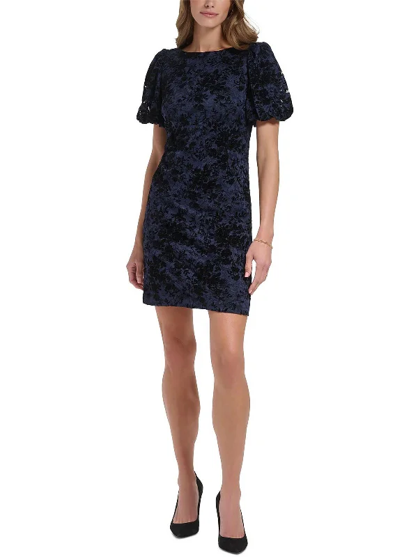 Women's mini dress haze glow -Petites Womens Lace Mini Sheath Dress