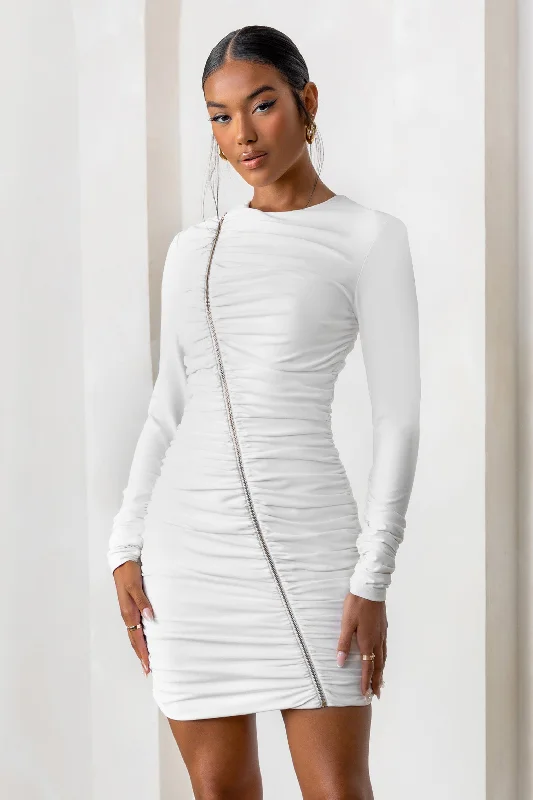 Women's mini dress talk flair -Empowered | White High Neck Long Sleeves Zip Detail Mini Dress