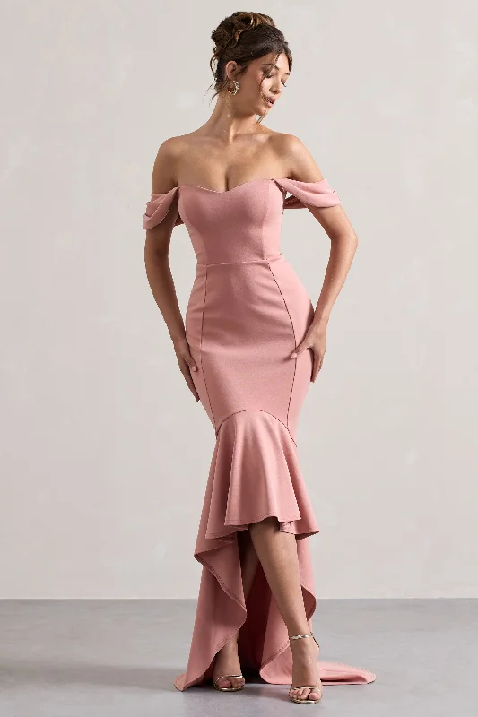 ladies-maxi-dress-tie-front-twirl-Cotillion | Blush Sweetheart High-Low Maxi Dress With Ruffle Hem