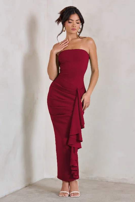 ladies-maxi-dress-formal-finesse-Fleur | Berry Bandeau Ruffle Maxi Dress