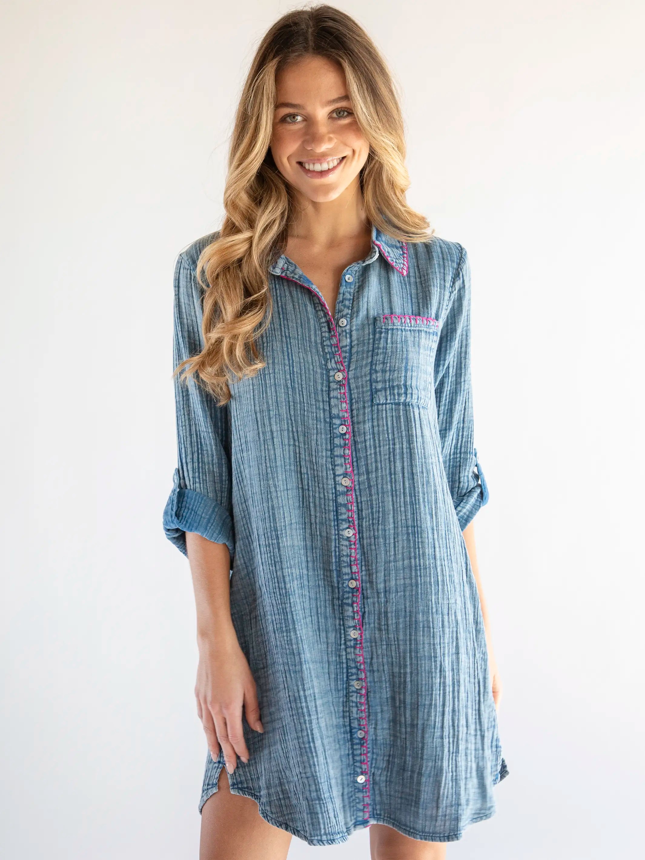 Women's shirt dress 70s pop -Lola Cotton Shirt Dress - Denim