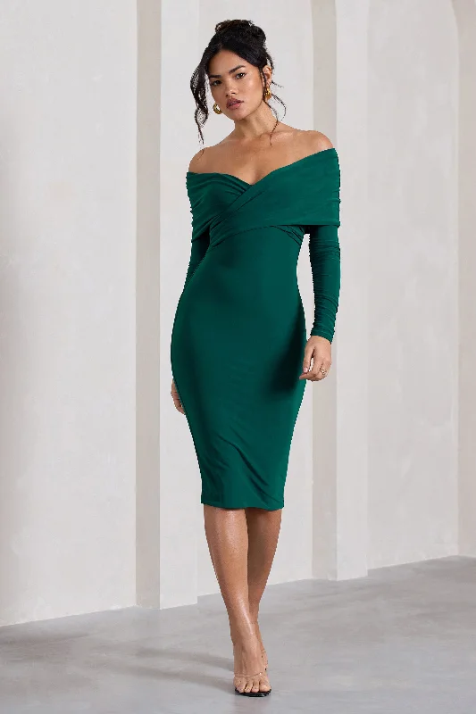 ladies-midi-dress-seafoam-serenity-Flatter Me | Bottle Green Twist Front Bardot Midi Dress