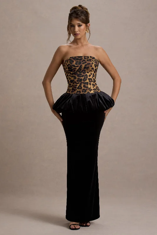 ladies-maxi-dress-dance-drape-Harriette | Leopard Print Bandeau Maxi Dress With Black Velvet Peplum Skirt