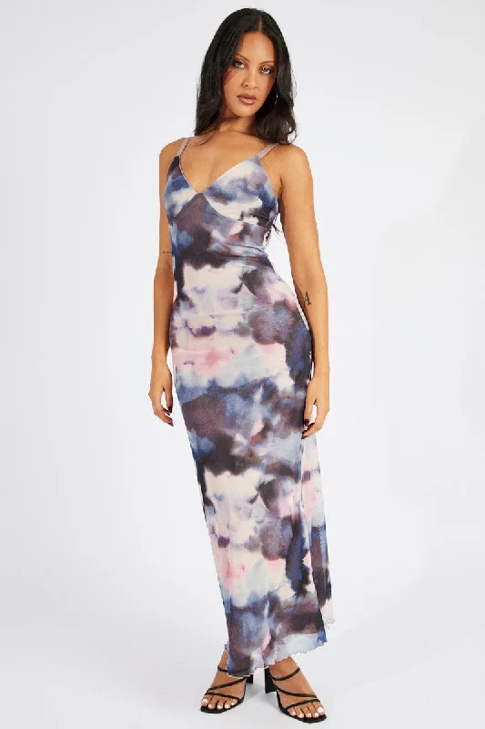 ladies-bodycon-dress-festival-fitted-Multi Abstract Maxi Dress Sleeveless Bodycon Mess