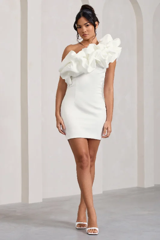 Women's mini dress subtle shine -At The Opera | White Satin One Shoulder Ruffled Mini Dress