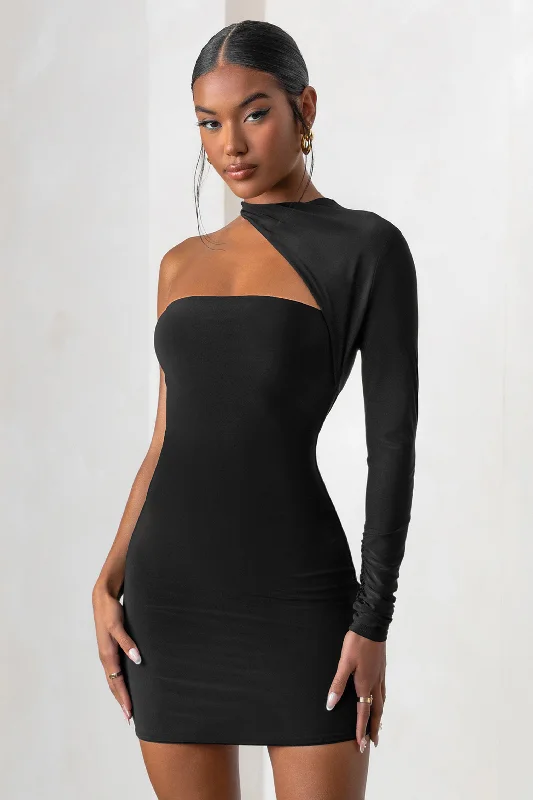 Women's mini dress bump flair -Perfect Touch | Black One Shoulder Long Sleeve Mini Dress